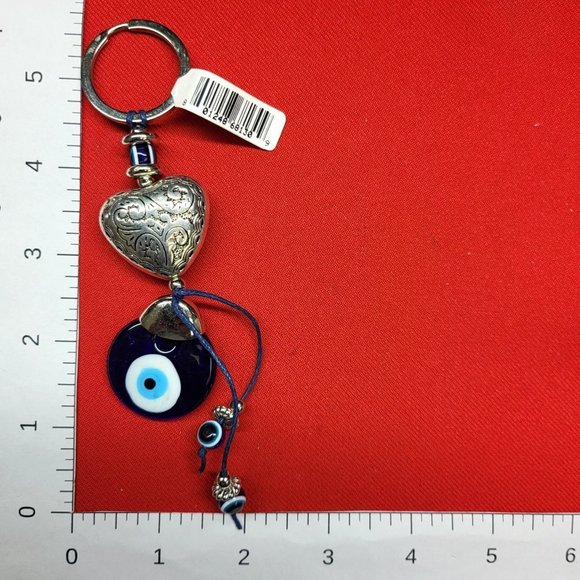 Keychain Key Ring Blue Glass Evil Eye Puffy Heart Silver Tone Metal Etched - Picture 11 of 11